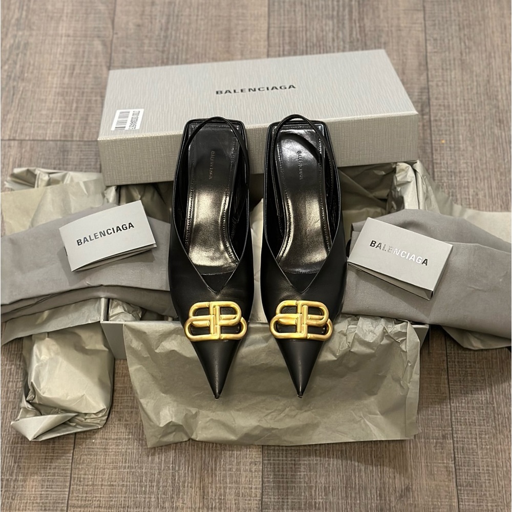 BALENCIAGA Square Knife BB Slingback Black Leather Mules
